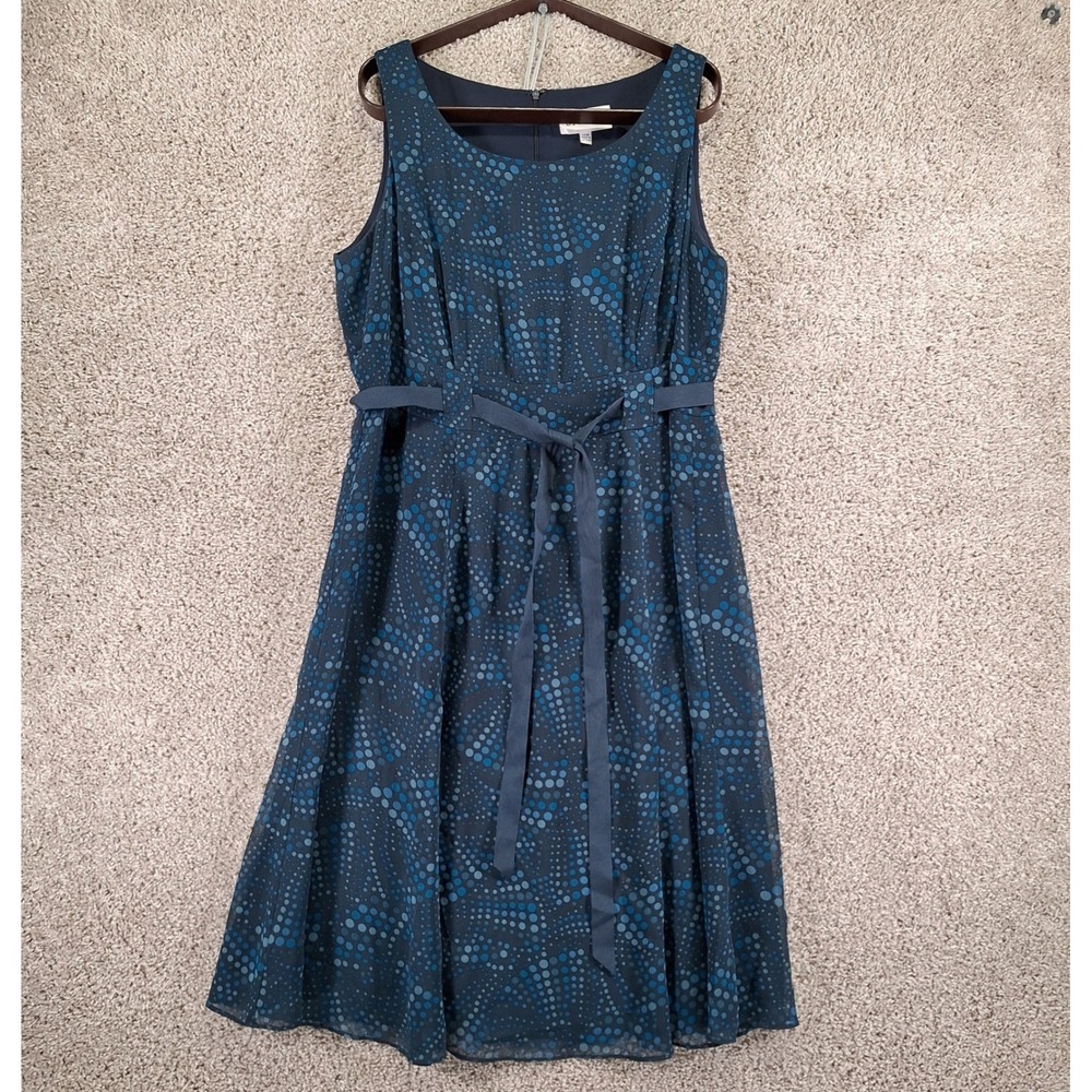 2 Piece Set Studio I Jacket & Dress Womens 14W Blue Lined Dotted Print Tie Waist